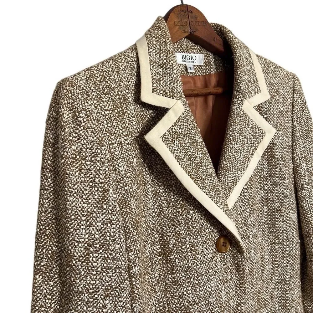 Bigio Collection Tweed Two Button Notch Lapel Fully Lined Blazer Tan‎ Size 8